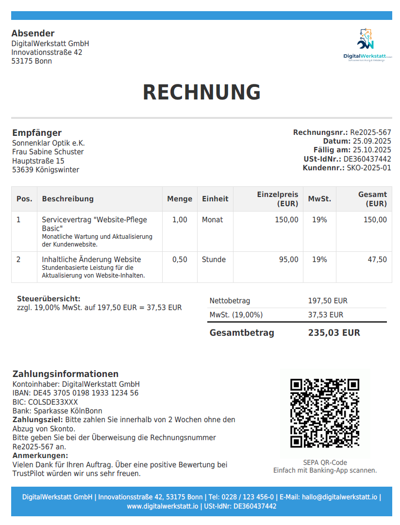 Exemple de facture FaeBill avec code QR SEPA